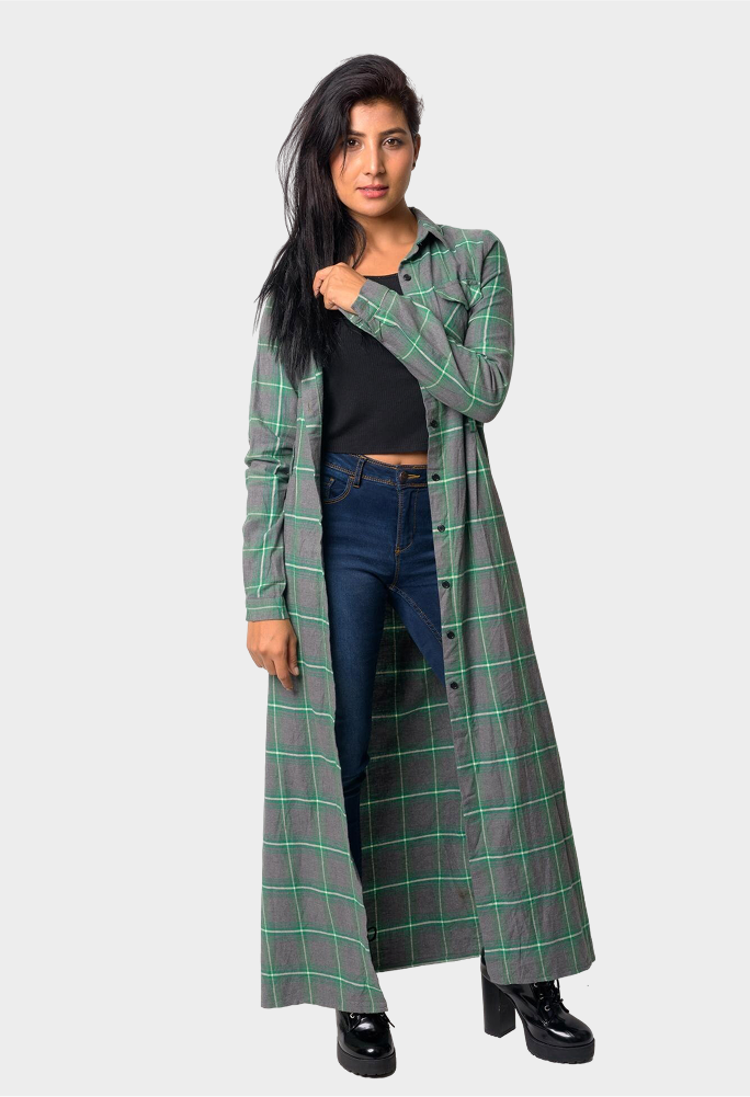 Green Plaid Longline Coat